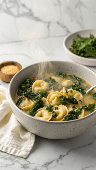 Creamy Vegetarian Tortellini Soup with Kale
