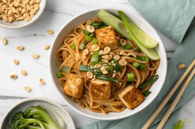 Spicy Peanut Noodles with Crispy Tofu & Bok Choy