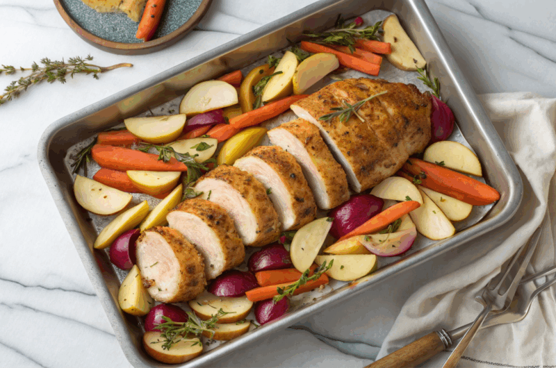 Sheet Pan Pork Tenderloin with Roasted Apples & Root Vegetables