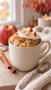 Cinnamon apple protein mug cake topped with Greek yogurt and diced apple