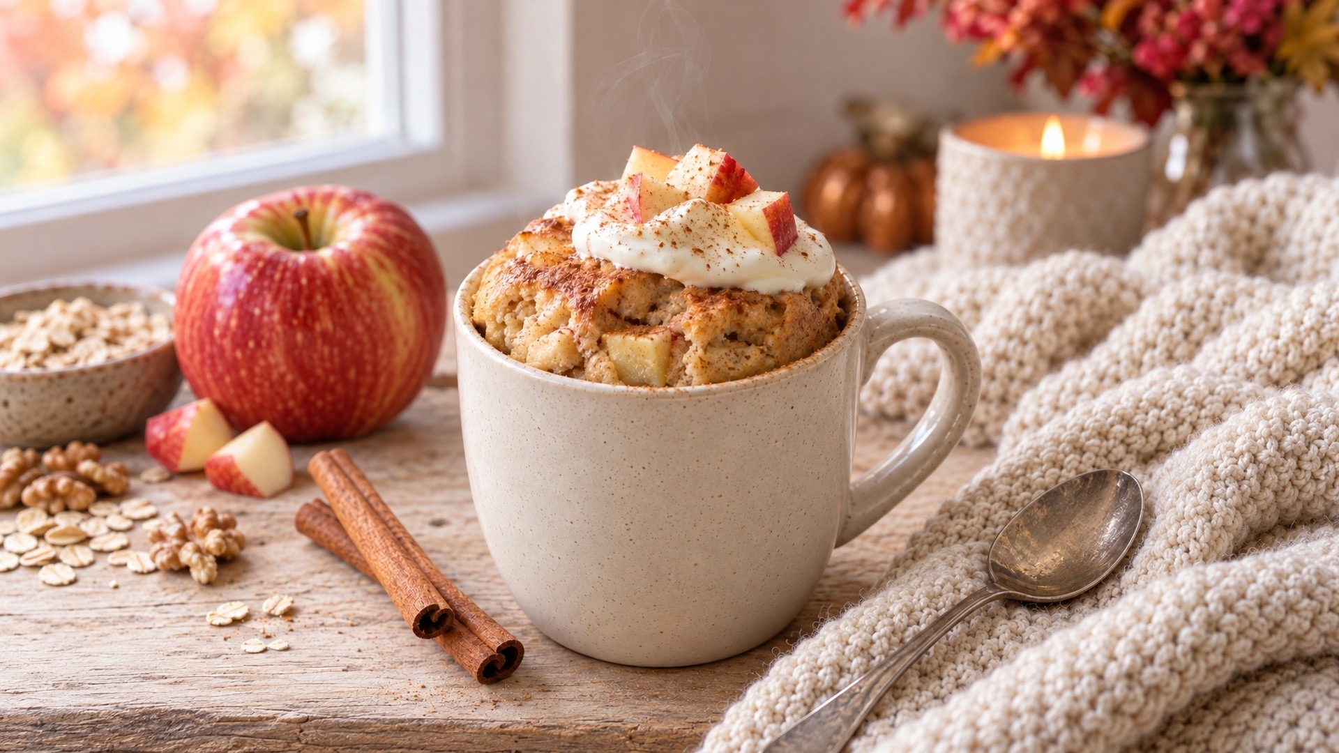 Cinnamon apple protein mug cake in a cream mug topped with Greek yogurt and diced apple, with cinnamon sticks and a red apple