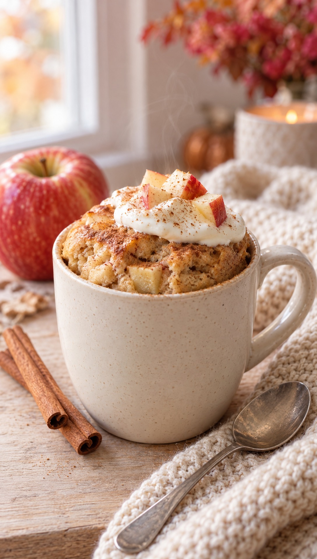 Cinnamon apple protein mug cake topped with Greek yogurt and diced apple