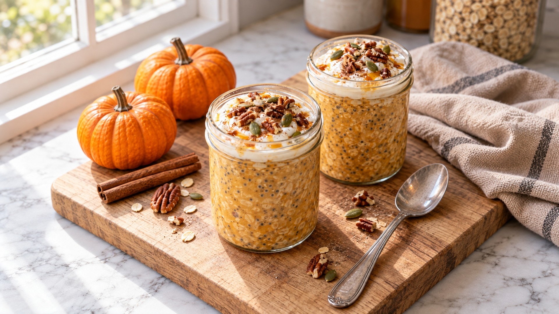 Two jars of pumpkin spice overnight oats topped with Greek yogurt, pecans and pumpkin seeds on a wooden board with mini pumpkins