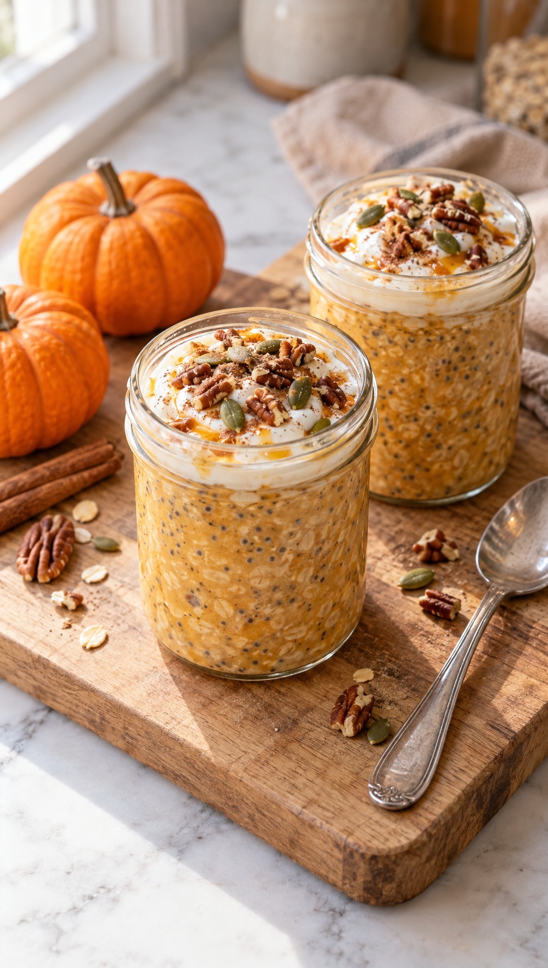 Two jars of pumpkin spice overnight oats topped with Greek yogurt, pecans and pumpkin seeds