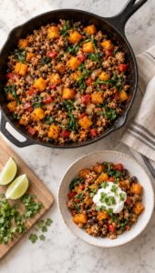 High-protein turkey and butternut squash skillet with black beans and spinach, served with Greek yogurt and cilantro