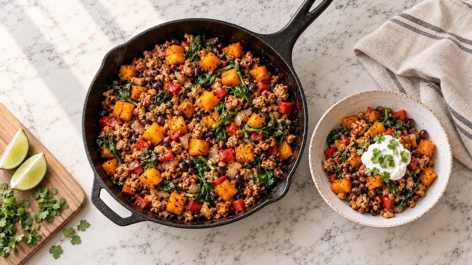 Cast-iron skillet of ground turkey, butternut squash, black beans and spinach beside a bowl topped with Greek yogurt and cilantro