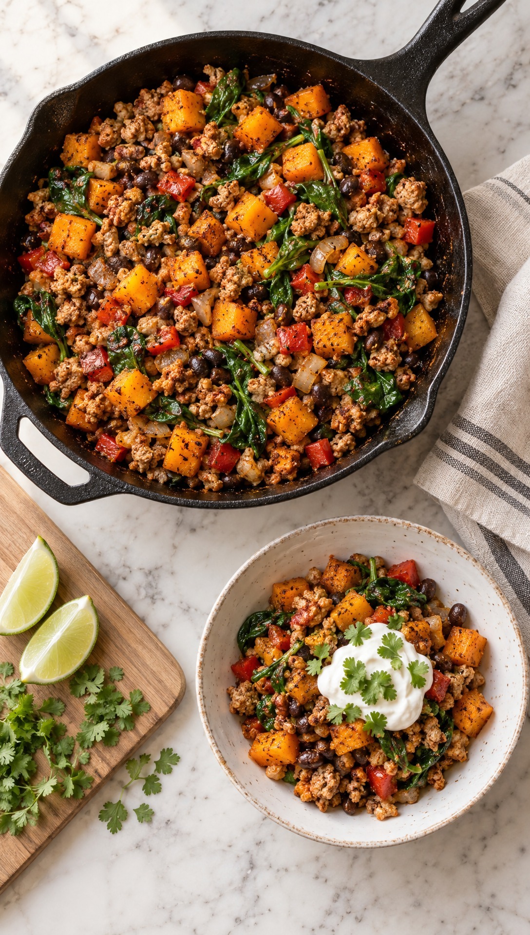 High-protein turkey and butternut squash skillet with black beans and spinach, served with Greek yogurt and cilantro